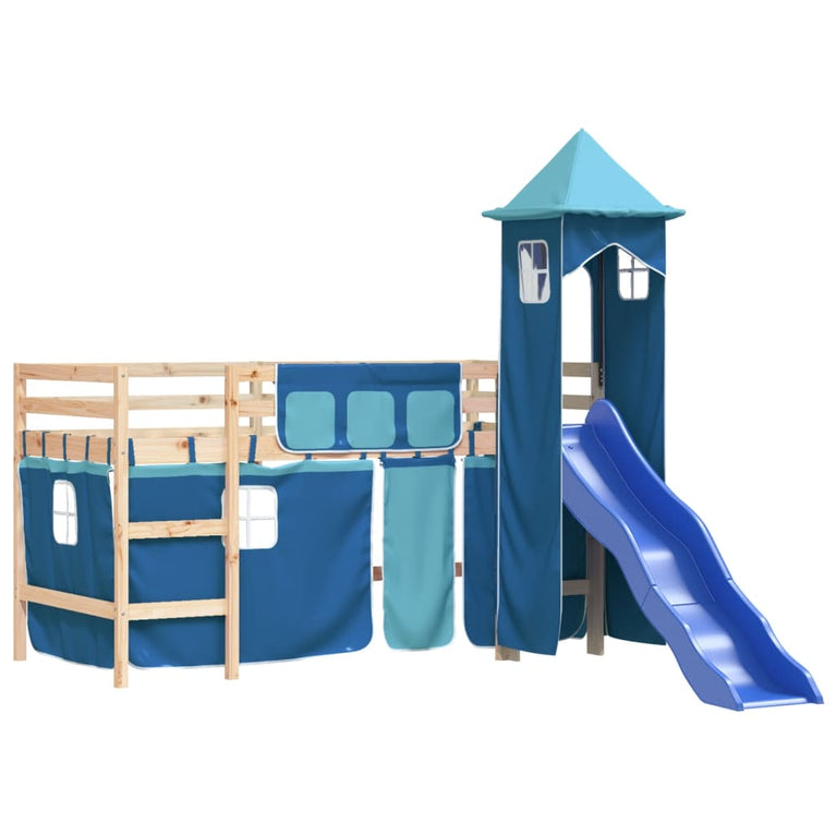 Kinderhoogslaper met toren 80x200 cm massief grenenhout blauw