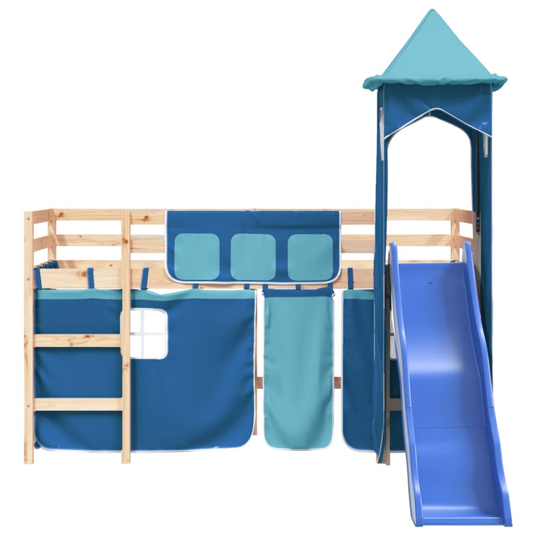 Kinderhoogslaper met toren 80x200 cm massief grenenhout blauw