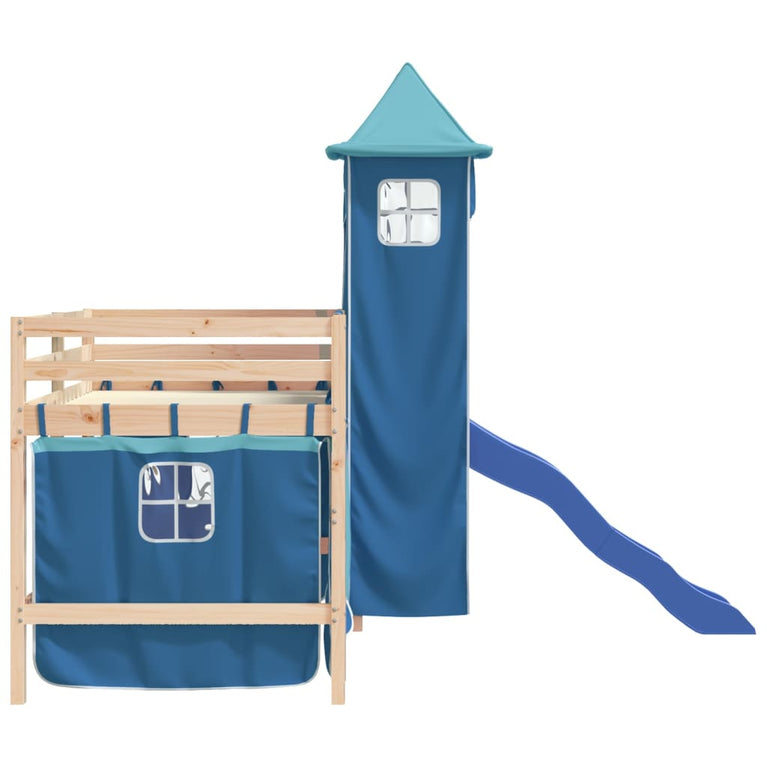 Kinderhoogslaper met toren 80x200 cm massief grenenhout blauw