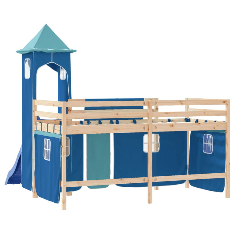 Kinderhoogslaper met toren 80x200 cm massief grenenhout blauw