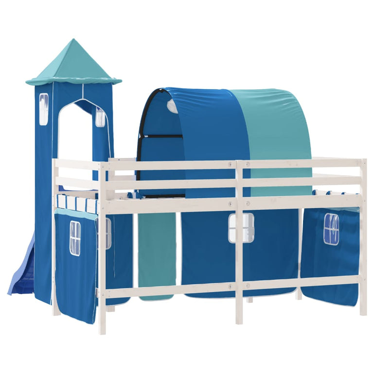 Kinderhoogslaper met toren 90x200 cm massief grenenhout blauw