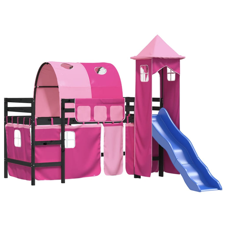 Kinderhoogslaper met toren 90x200 cm massief grenenhout roze