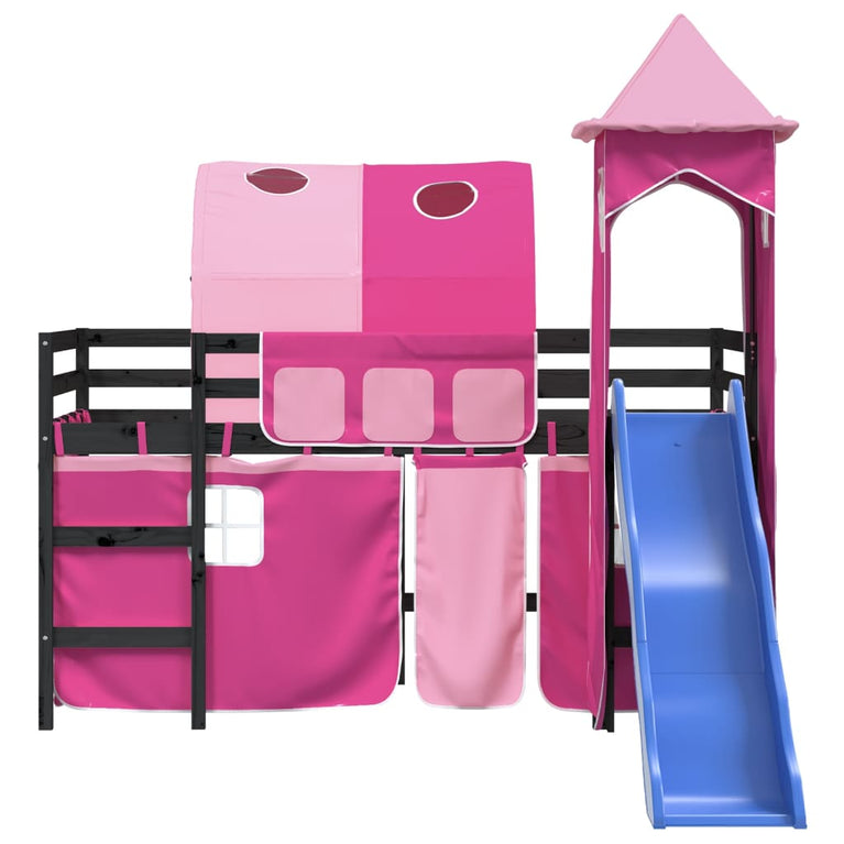 Kinderhoogslaper met toren 90x200 cm massief grenenhout roze