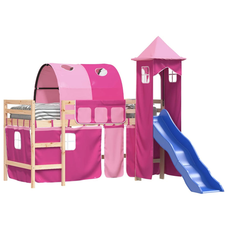 Kinderhoogslaper met toren 90x190 cm massief grenenhout roze