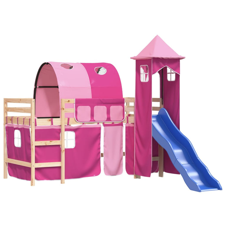 Kinderhoogslaper met toren 90x190 cm massief grenenhout roze