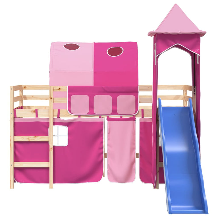 Kinderhoogslaper met toren 90x190 cm massief grenenhout roze