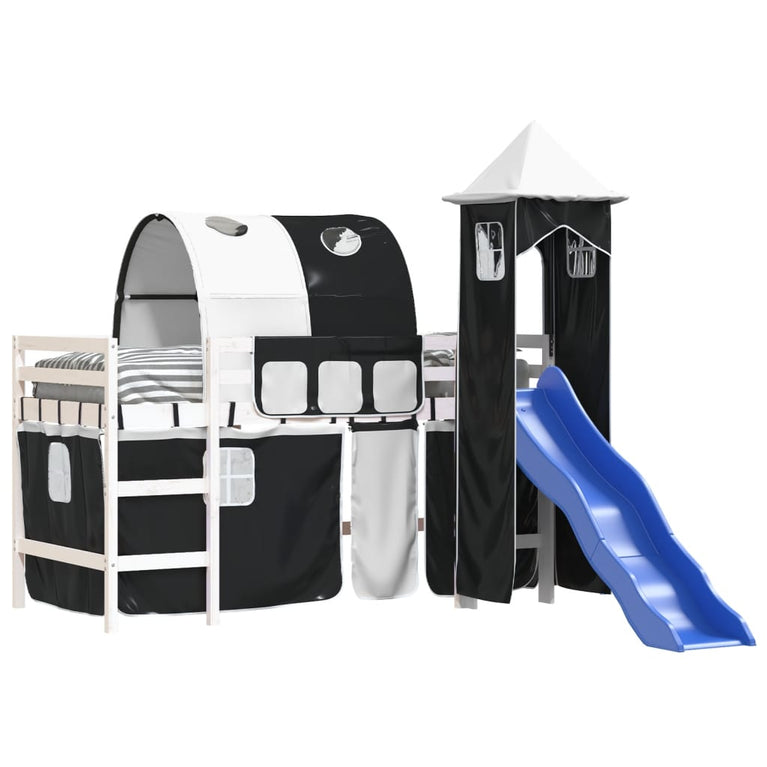 Kinderhoogslaper met toren 90x190 cm grenenhout wit en zwart