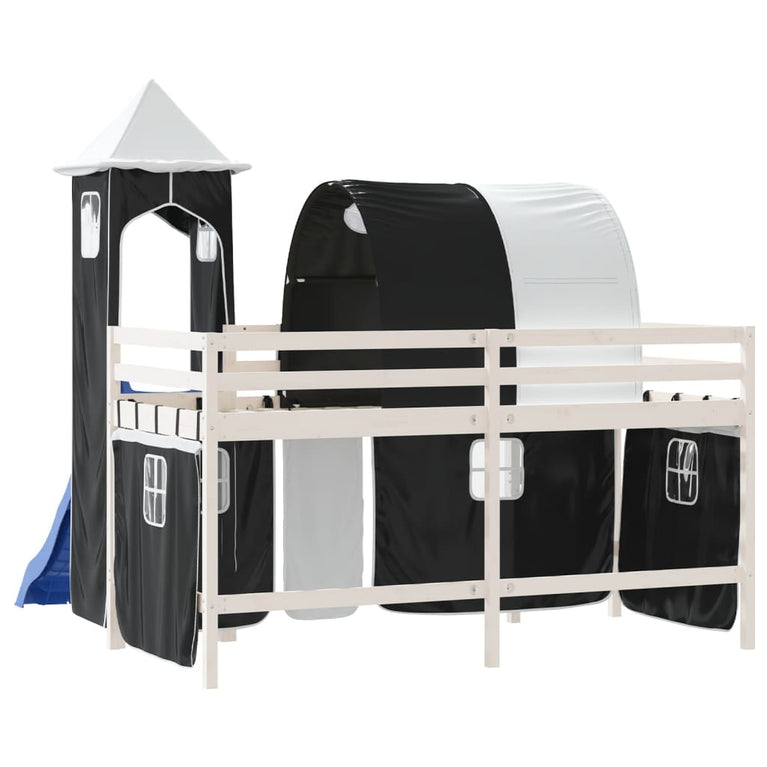 Kinderhoogslaper met toren 90x190 cm grenenhout wit en zwart