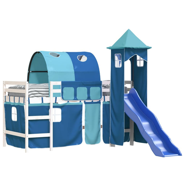 Kinderhoogslaper met toren 90x190 cm massief grenenhout blauw