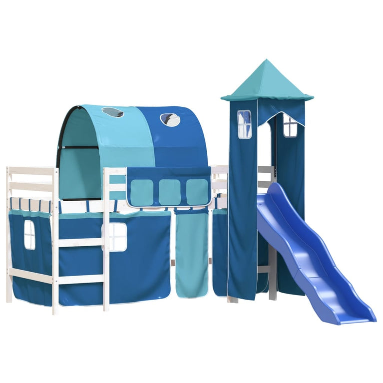 Kinderhoogslaper met toren 90x190 cm massief grenenhout blauw