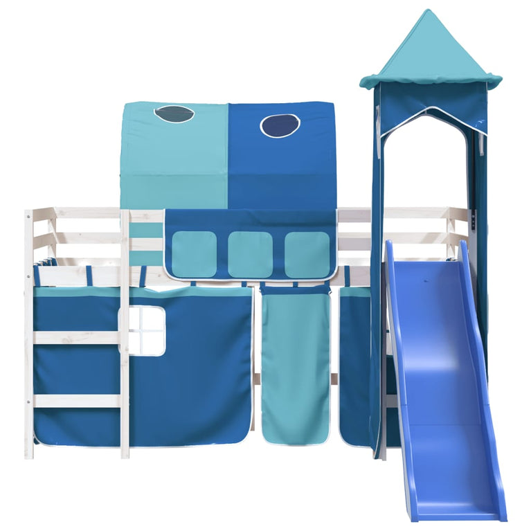 Kinderhoogslaper met toren 90x190 cm massief grenenhout blauw