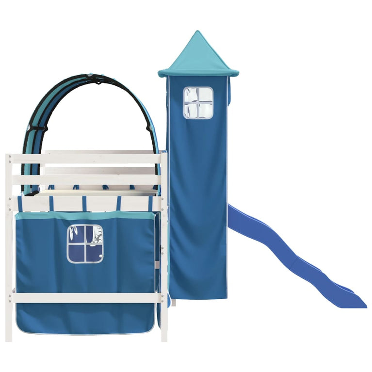 Kinderhoogslaper met toren 90x190 cm massief grenenhout blauw
