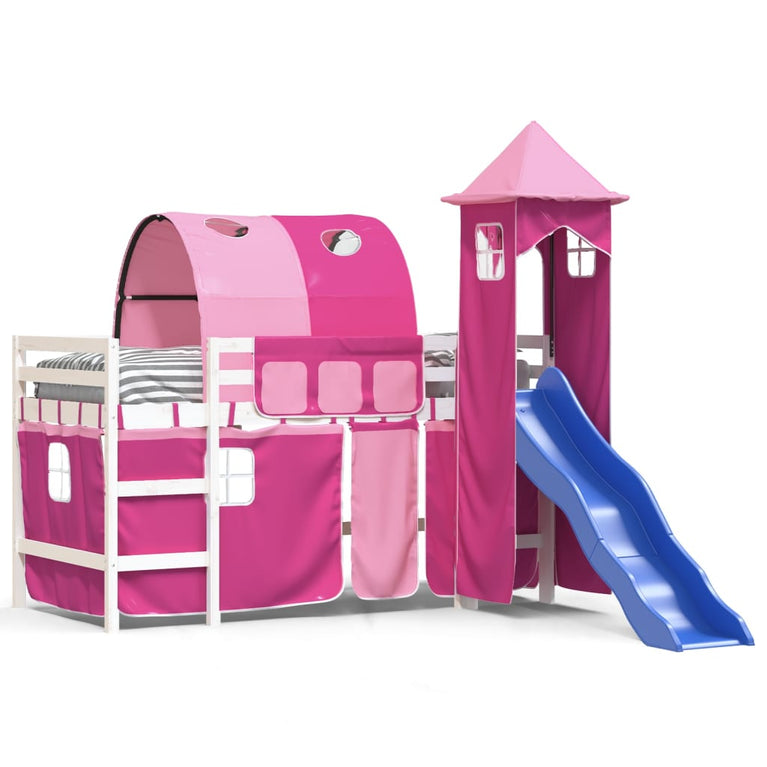 Kinderhoogslaper met toren 90x190 cm massief grenenhout roze
