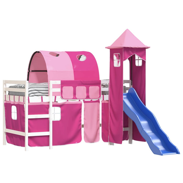 Kinderhoogslaper met toren 90x190 cm massief grenenhout roze