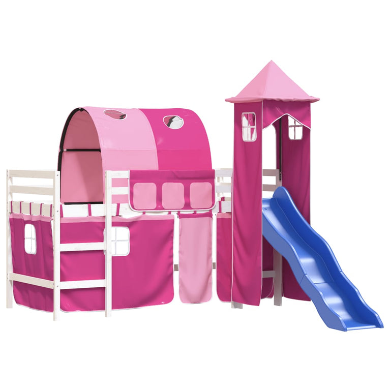 Kinderhoogslaper met toren 90x190 cm massief grenenhout roze