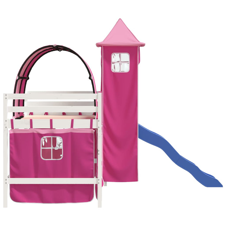 Kinderhoogslaper met toren 90x190 cm massief grenenhout roze