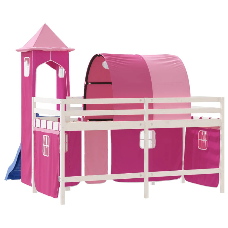 Kinderhoogslaper met toren 90x190 cm massief grenenhout roze