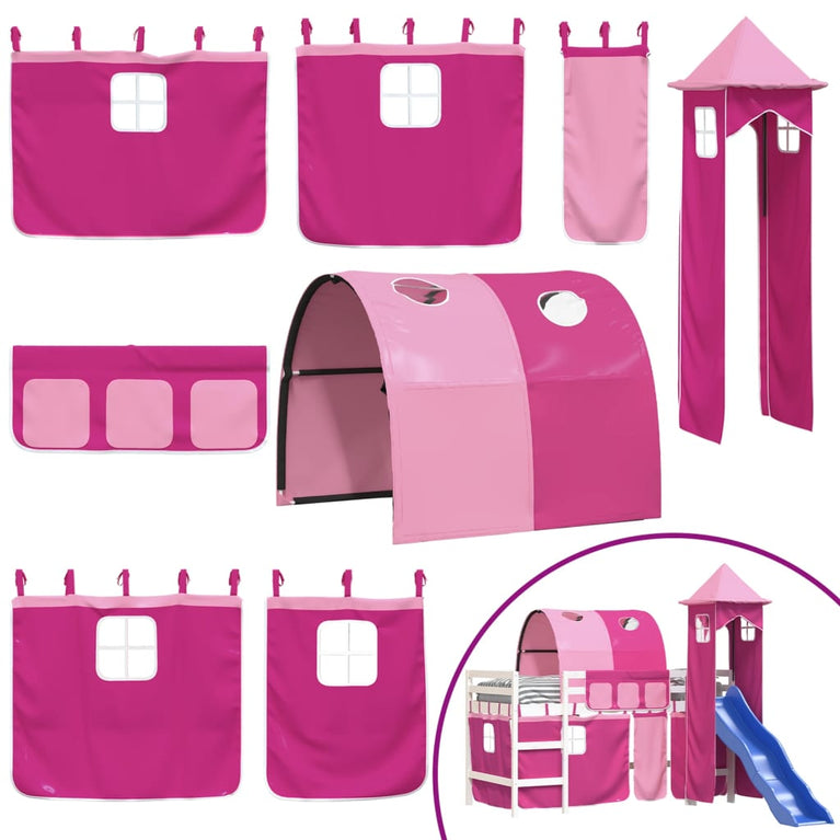Kinderhoogslaper met toren 90x190 cm massief grenenhout roze