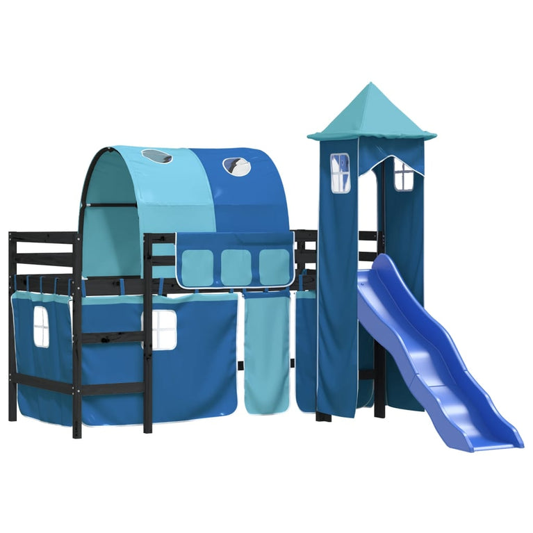Kinderhoogslaper met toren 90x190 cm massief grenenhout blauw