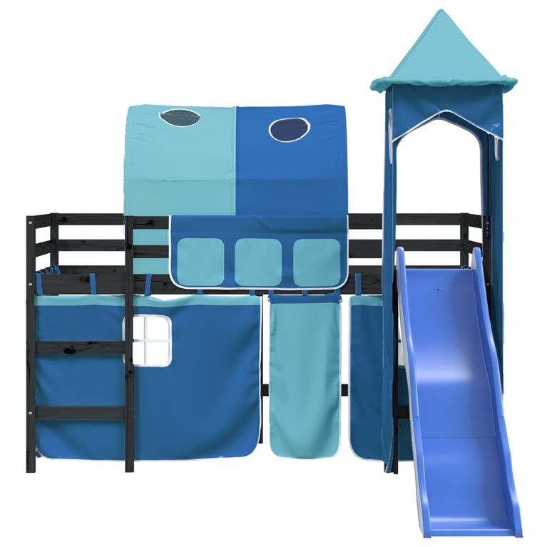 Kinderhoogslaper met toren 90x190 cm massief grenenhout blauw