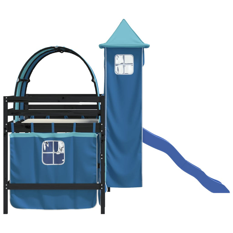 Kinderhoogslaper met toren 90x190 cm massief grenenhout blauw