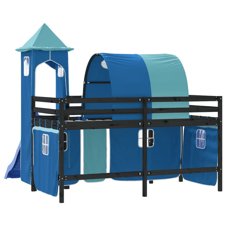 Kinderhoogslaper met toren 90x190 cm massief grenenhout blauw