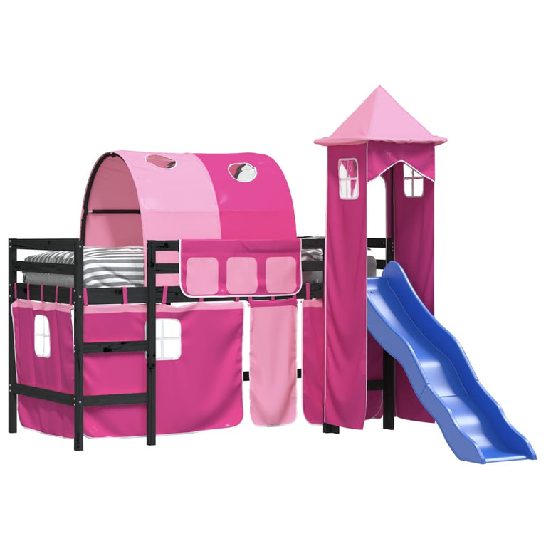Kinderhoogslaper met toren 90x190 cm massief grenenhout roze
