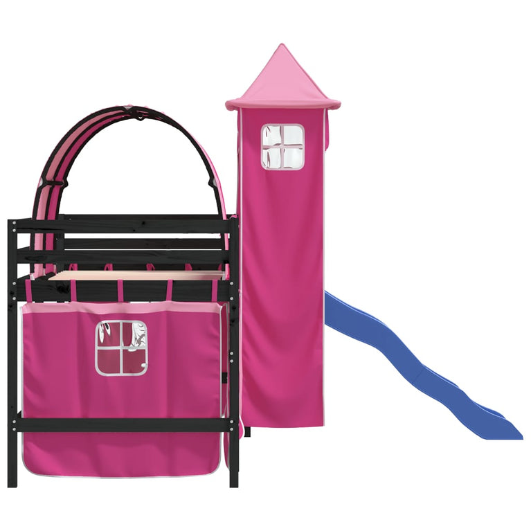 Kinderhoogslaper met toren 90x190 cm massief grenenhout roze