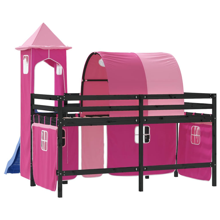 Kinderhoogslaper met toren 90x190 cm massief grenenhout roze