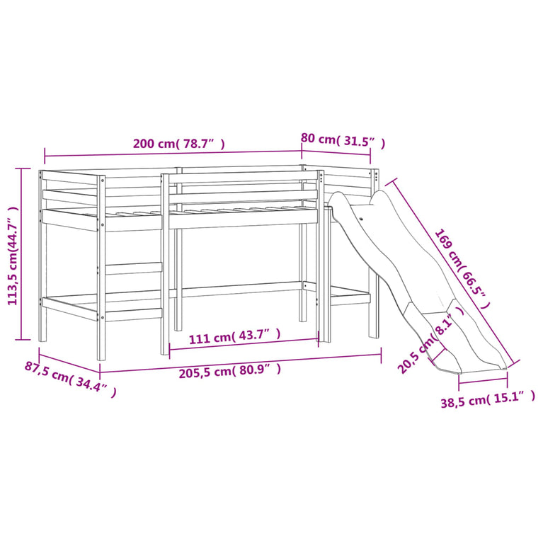 Kinderhoogslaper met glijbaan massief grenenhout wit 80x200 cm MeubelReus