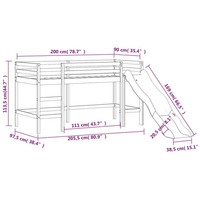 Kinderhoogslaper met glijbaan massief grenenhout 90x200 cm MeubelReus