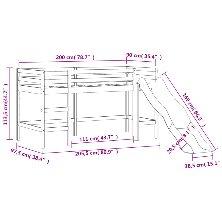 Kinderhoogslaper met glijbaan grenenhout zwart 90x200 cm MeubelReus