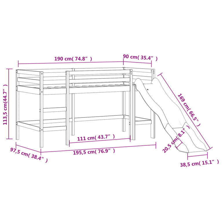 Kinderhoogslaper met glijbaan massief grenenhout wit 90x190 cm MeubelReus