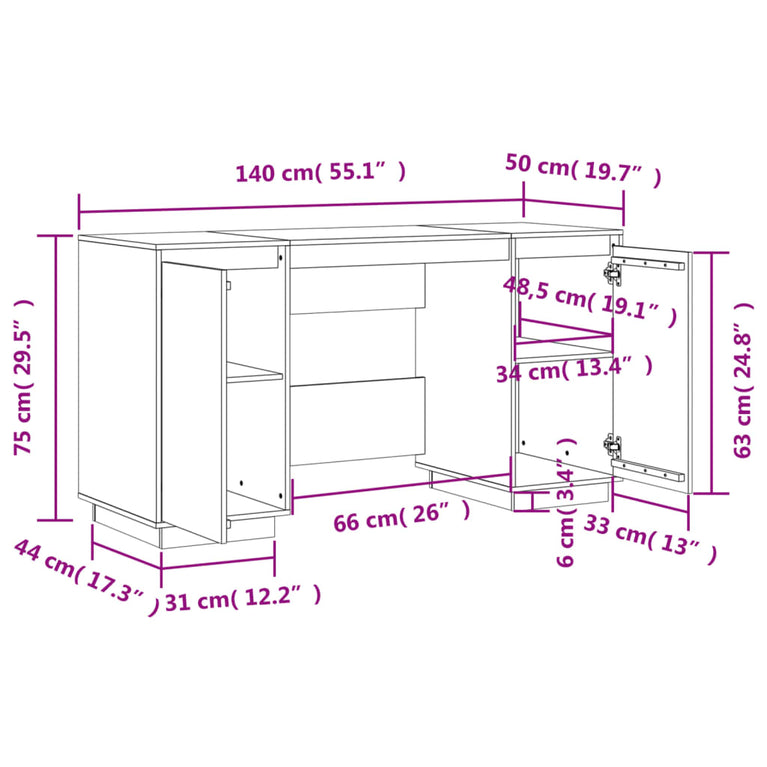Bureau 140x50x75 cm massief grenenhout wit MeubelReus
