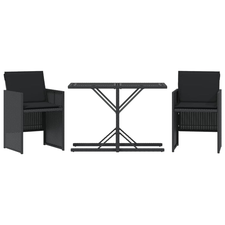 3-delige Bistroset met kussens poly rattan zwart