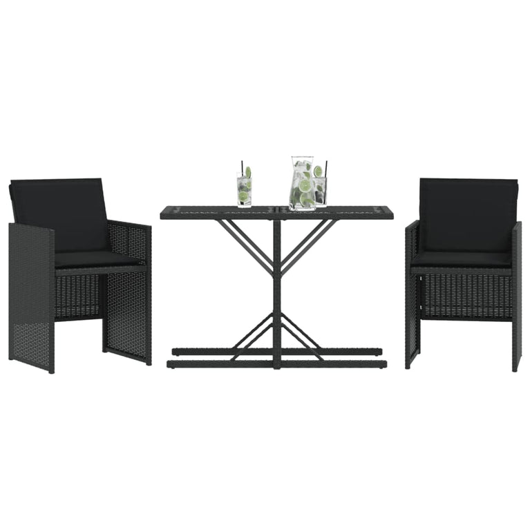 3-delige Bistroset met kussens poly rattan zwart