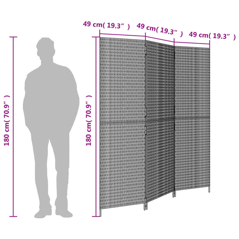 Kamerscherm 3 panelen poly rattan zwart