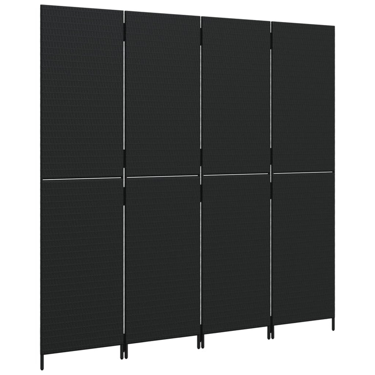Kamerscherm 4 panelen poly rattan zwart