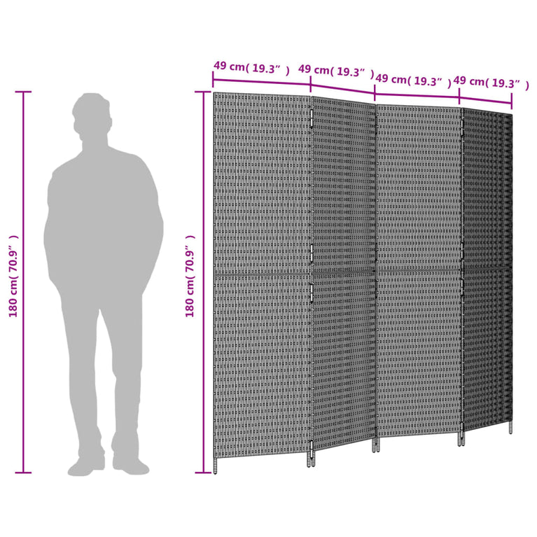 Kamerscherm 4 panelen poly rattan bruin
