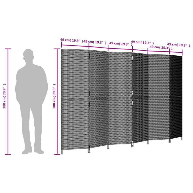 Kamerscherm 6 panelen poly rattan zwart