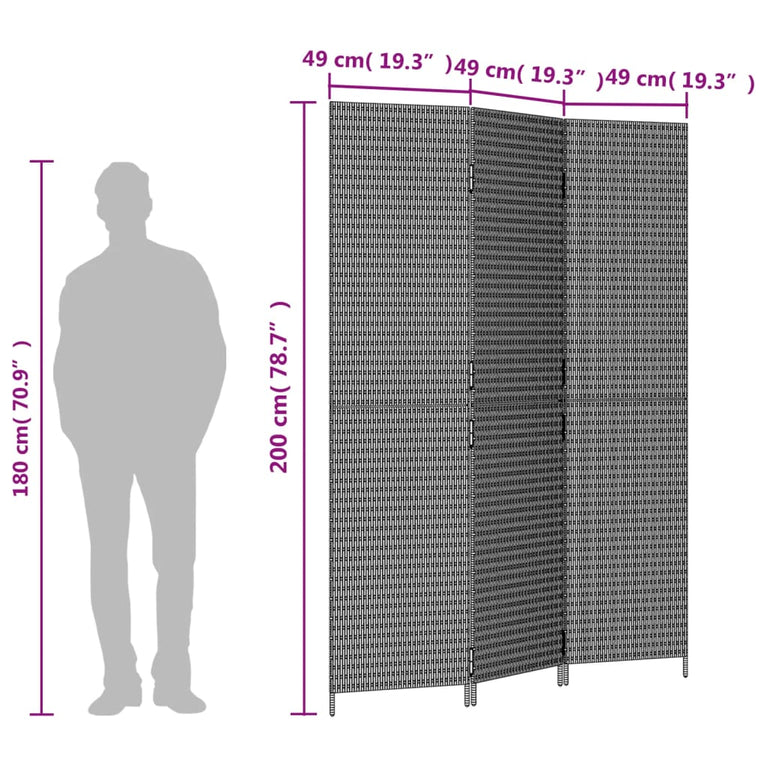 Kamerscherm 3 panelen poly rattan zwart