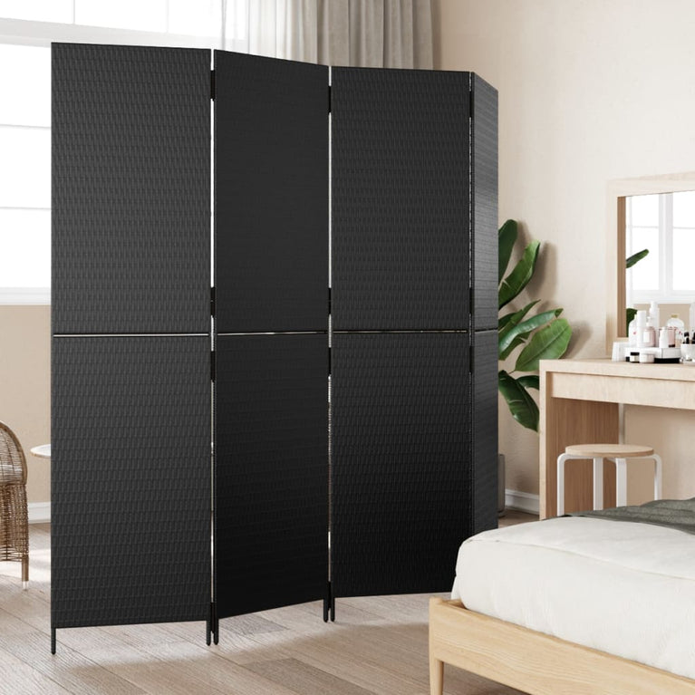 Kamerscherm 4 panelen poly rattan zwart