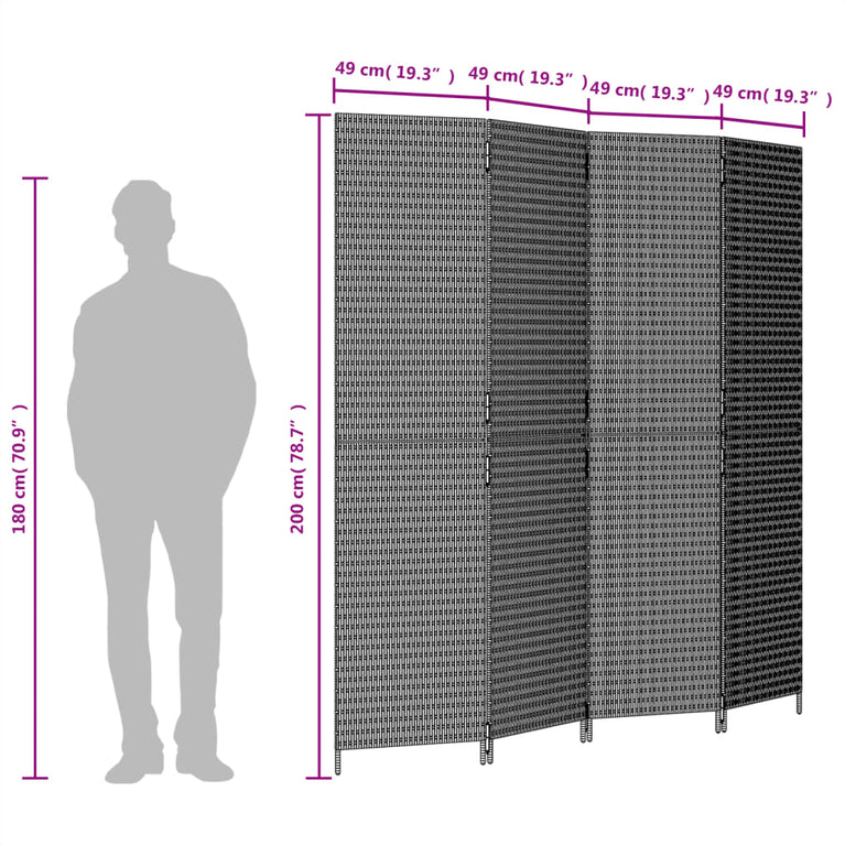 Kamerscherm 4 panelen poly rattan zwart