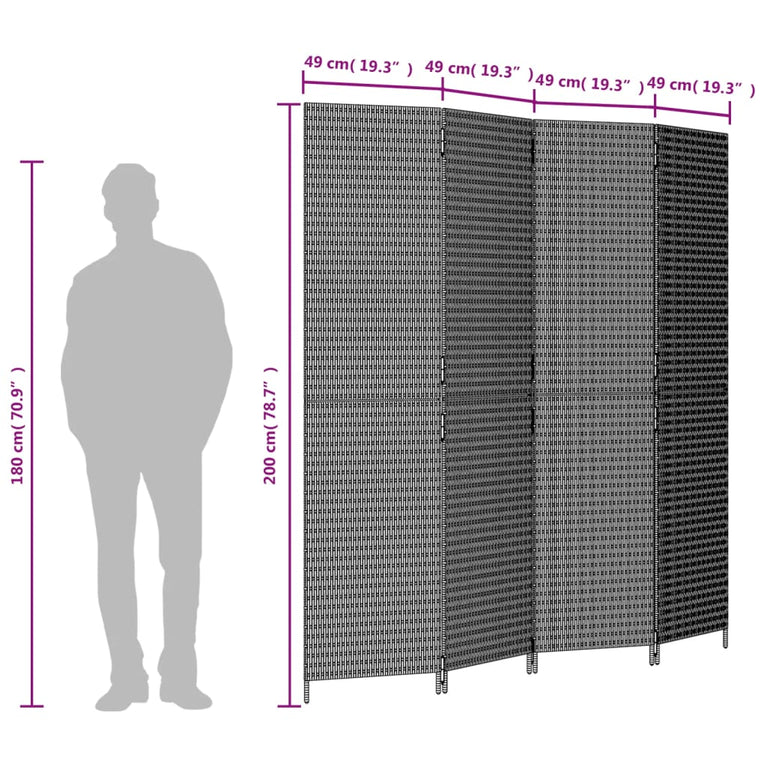 Kamerscherm 4 panelen poly rattan bruin
