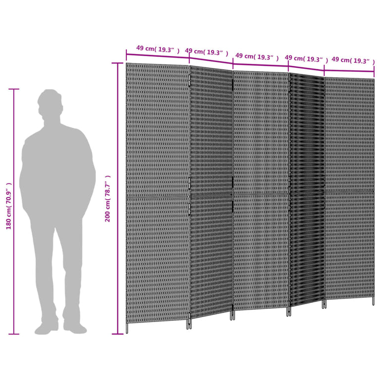 Kamerscherm 5 panelen poly rattan zwart