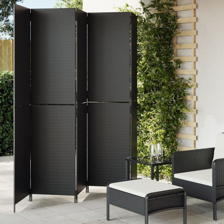 Kamerscherm 5 panelen poly rattan zwart