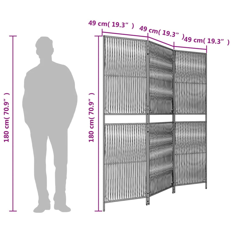 Kamerscherm 3 panelen poly rattan zwart