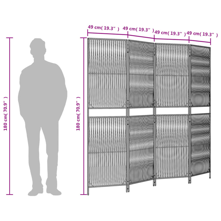 Kamerscherm 4 panelen poly rattan zwart