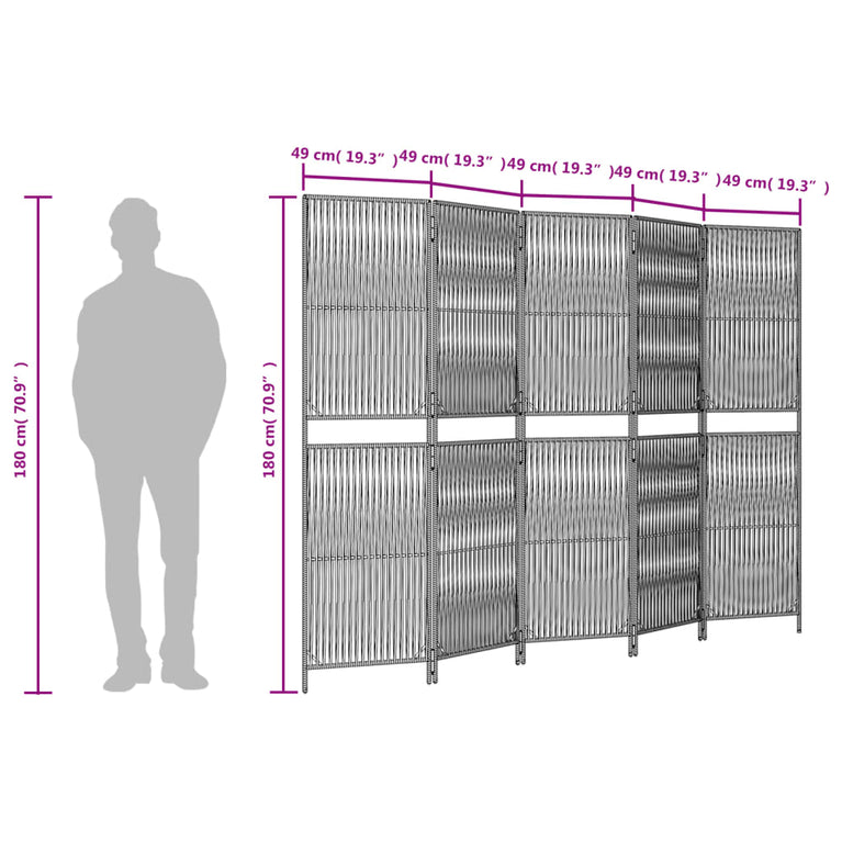 Kamerscherm 5 panelen poly rattan bruin