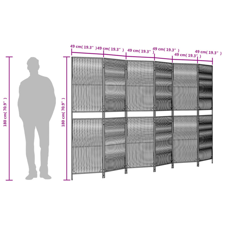 Kamerscherm 6 panelen poly rattan bruin